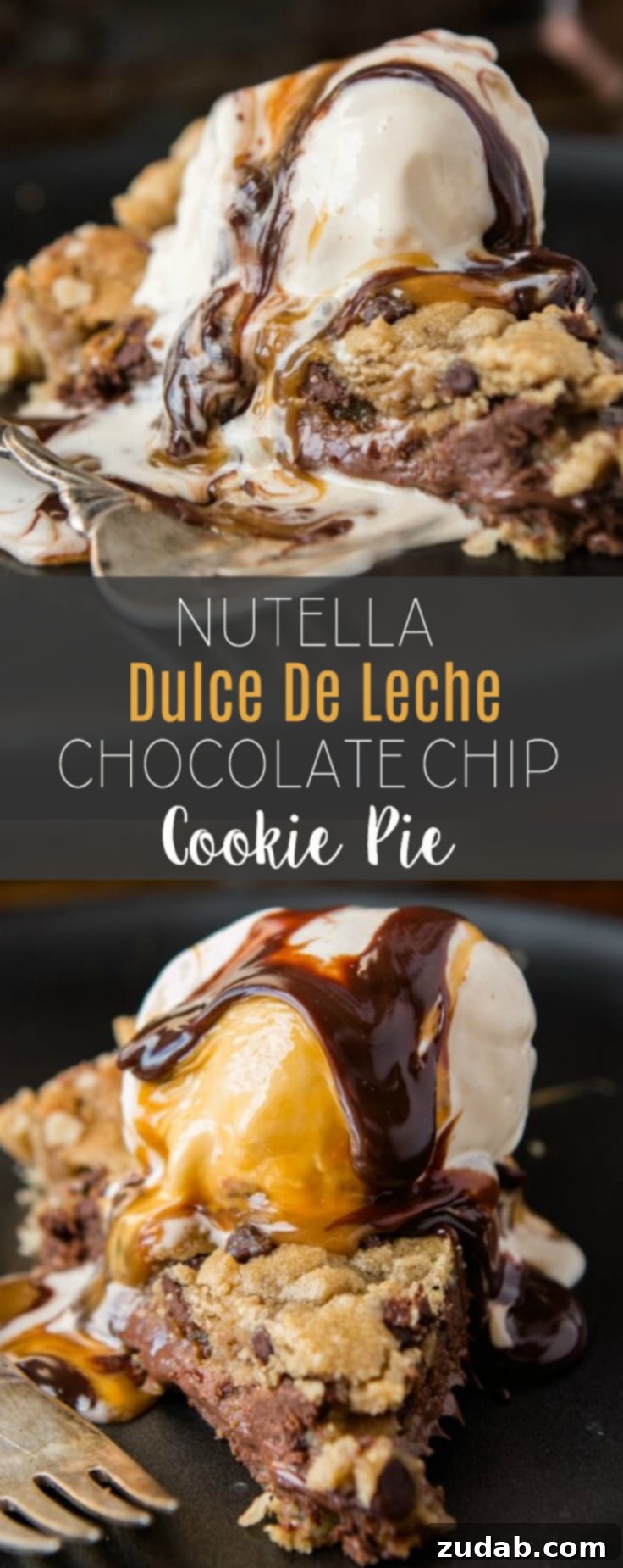 Nutella Dulce De Leche Dream Chocolate Chip Cookie Pie 3 A stunning overhead shot of a freshly baked Nutella Dulce de Leche Chocolate Chip Cookie Pie, ready to be sliced and served.