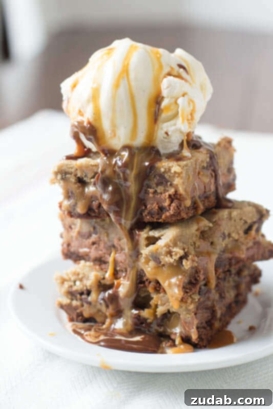 Nutella Dulce De Leche Dream Chocolate Chip Cookie Pie 5 Delicious layered brownies featuring a brownie base, caramel, and chocolate chip cookie dough, known as Bomb Diggity Cookie Brownies.