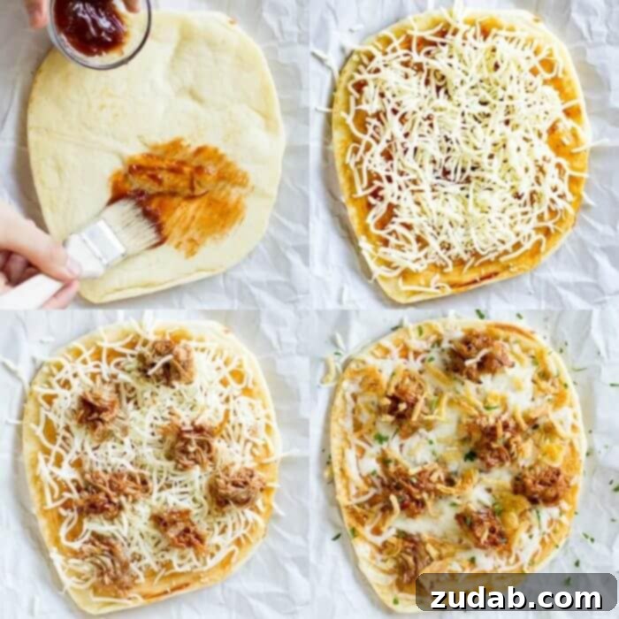 Easy Pulled Pork Pizza puts leftovers to work! Use a flatbread crust, barbecue sauce, cheese, and crunchy canned onions for a tasty dinner ready in 10 minutes! photo collage - The four different stages of making this delicious pulled pork pizza. Painting barbecue sauce on flatbread. Adding cheese, pulled pork and other toppings.