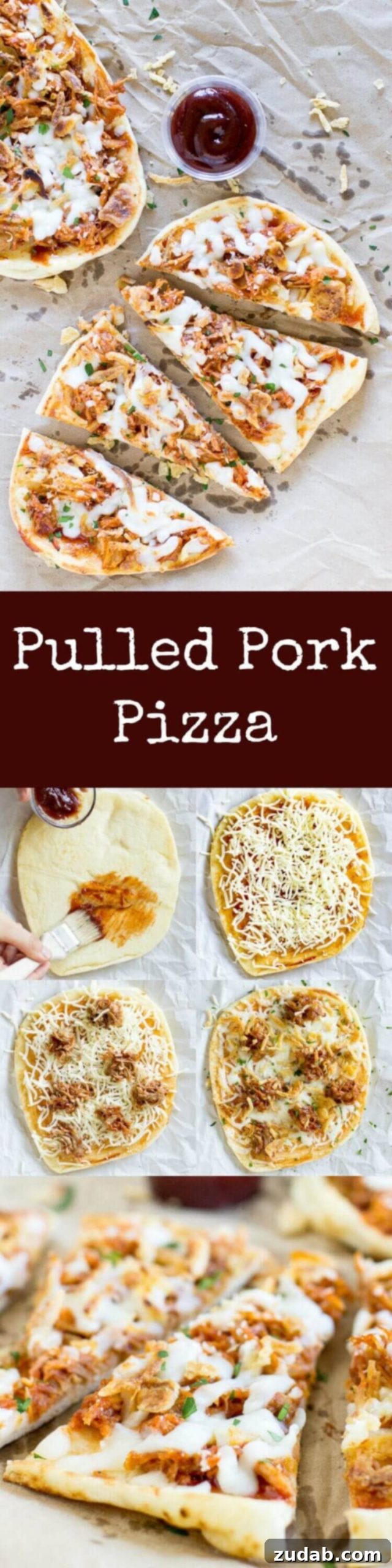 Easy Pulled Pork Pizza puts leftovers to work! Use a flatbread crust, barbecue sauce, cheese, and crunchy canned onions for a tasty dinner ready in 10 minutes! photo collage - Easy Flatbread Pulled Pork Pizza with cheese and crunchy onions with a side of delicious barbecue sauce.