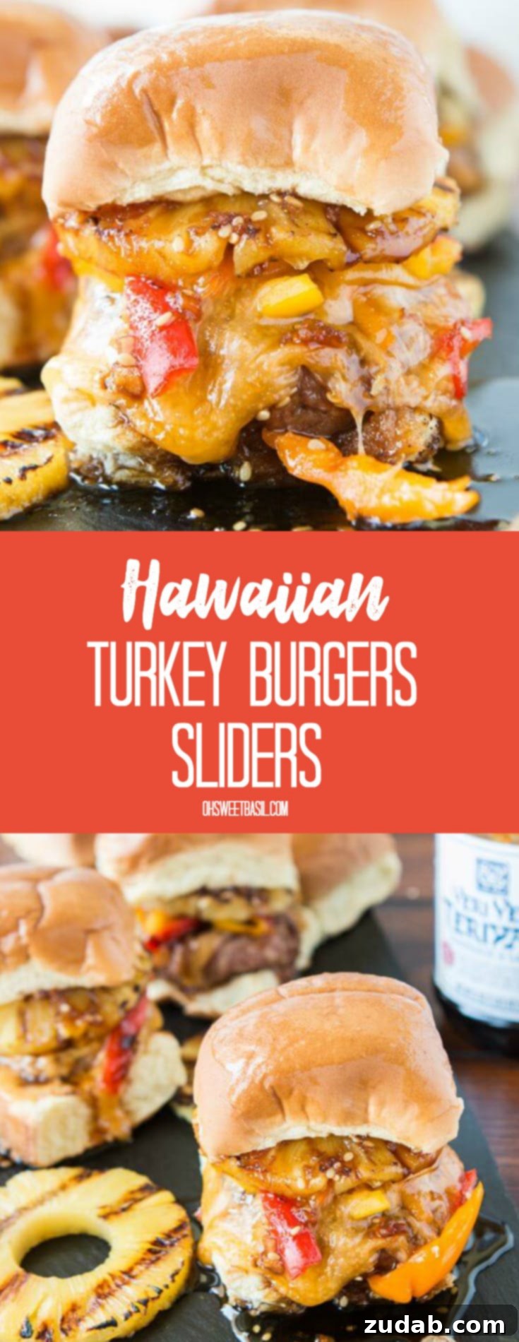 Aloha Turkey Sliders 3 Hawaiian Turkey Burger Sliders with grilled pineapple, melted cheese, turkey and soy sauce