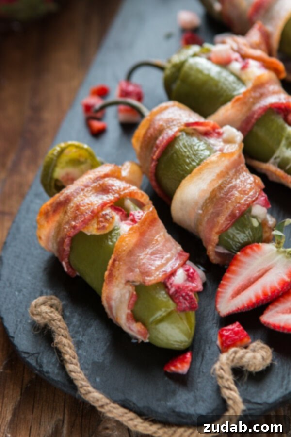 Perfectly Roasted Strawberry Jalapeno Poppers Cooked bacon wrapped strawberry stuffed jalapenos, golden brown and perfectly roasted