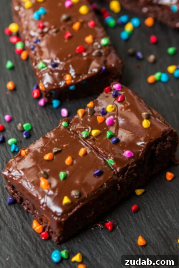Fudgy Cosmic Brownies with Colorful Candies A close-up of a fudgy brownie slice with rainbow chip candies, part of the Cosmic Brownies Copycat Recipe.