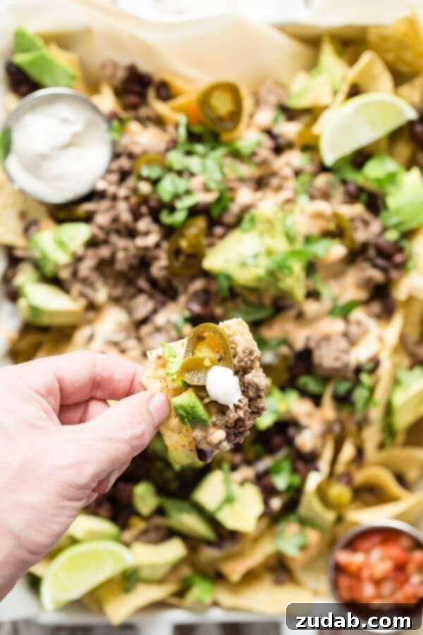 A vibrant platter of fully loaded Taco Style Nachos, piled high with cheese, meat, and fresh toppings.
