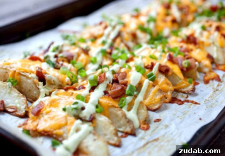 Crispy Loaded Potato Wedges, topped with melted cheese, bacon bits, and fresh green onions.
