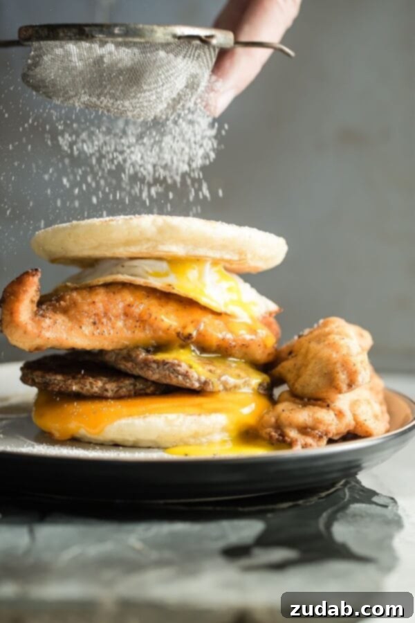 An indulgent Fried Chicken and Sausage Breakfast Sandwich, featuring crispy chicken, savory sausage, and fluffy pancakes.