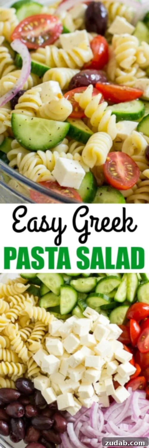 A fresh and easy Greek Pasta Salad just in time for summer! This crowd-pleasing side dish is tasty with grilled meats and at all your backyard barbecues. This Easy Greek Pasta Salad is all about one thing: The chunks of feta cheese. Yes, I love the chewy pasta, the crunch of the fresh veggies, and the tangy dressing. It's basically summer in a bowl, colorful and fresh. photo collage - Greek Pasta Salad