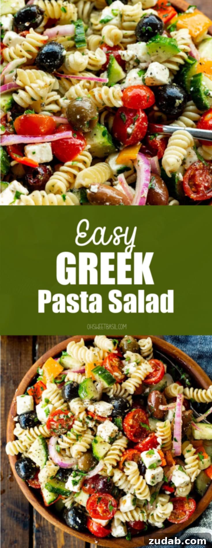 Greek Isles Pasta Salad 9 a photo of Greek pasta salad in a large wooden serving bowl
