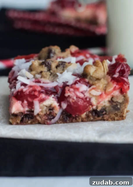 Cherry Crisp Bar Remix 3 Cherry Chocolate Chip Cookie Bars with coconut.