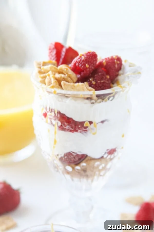 A vibrant Cinnamon Berry Crisp Yogurt Parfait, combining two favorite breakfast foods for a unique morning mashup.