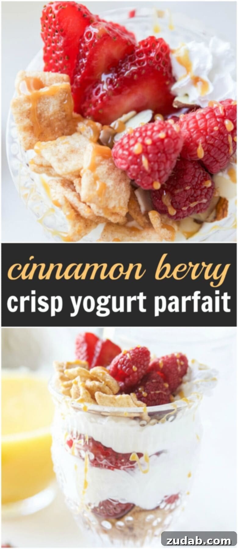 A large, vibrant Cinnamon Berry Crisp Yogurt Parfait in a glass, showcasing perfect layers of fresh berries, creamy yogurt, and crunchy cereal.
