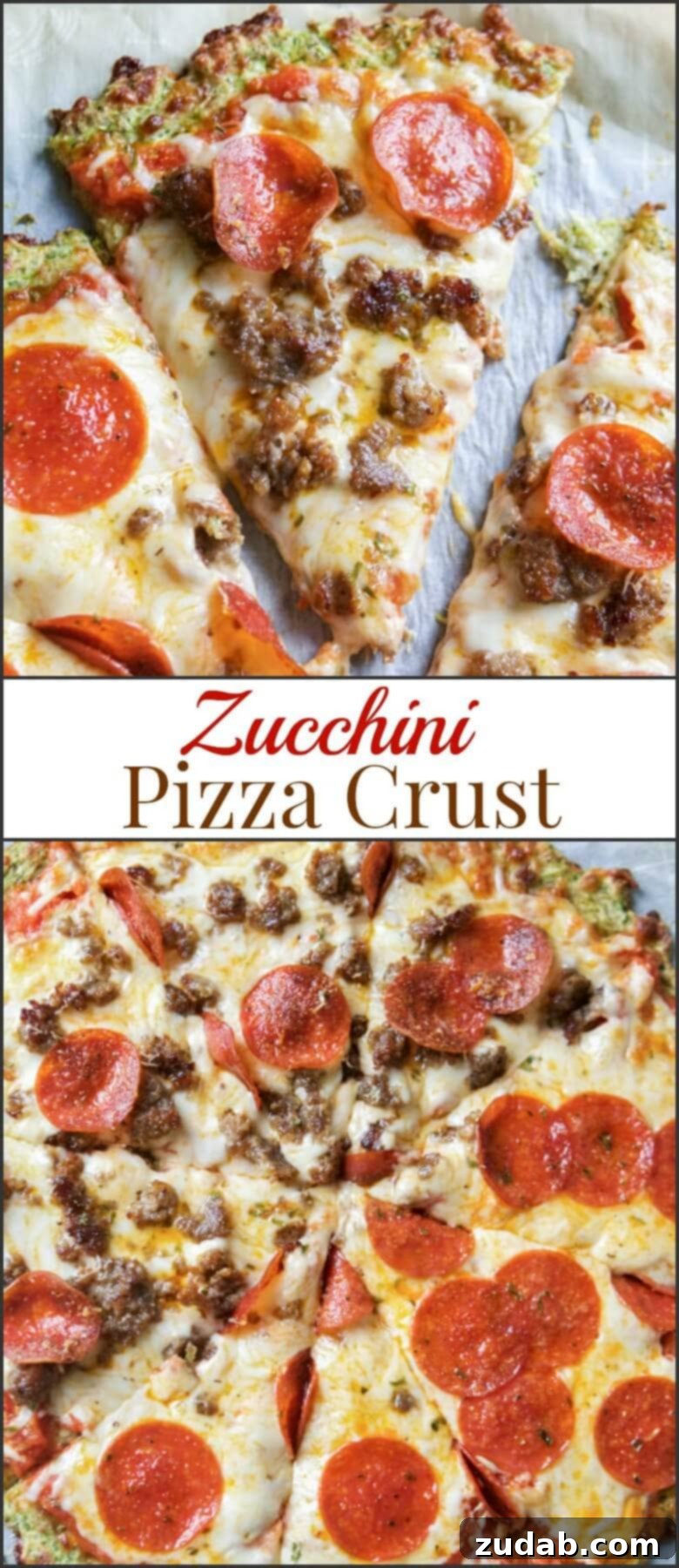 A vibrant, fully baked zucchini pizza, showcasing its golden crust and generous toppings, ready to be served and enjoyed by everyone.