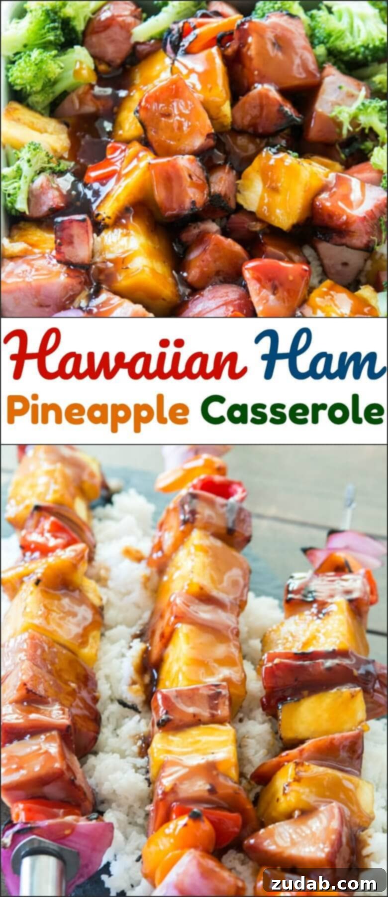 Aloha Ham and Pineapple Bake 2 Enjoy a taste of the tropics with this easy Hawaiian Ham and Pineapple Casserole, a family-favorite dinner idea. ohsweetbasil.com