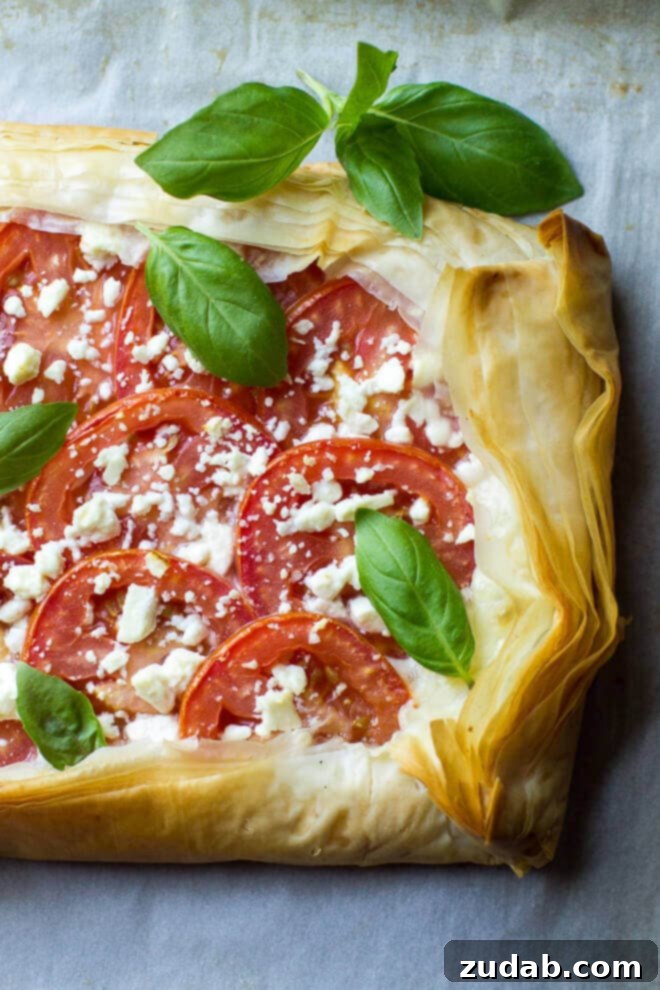 This Mozzarella Tomato Tart has a butter-garlic phyllo crust with mozzarella, tomatoes, feta, and basil. Makes a great appetizer or light meal for summer! This Mozzarella Tomato Tart has a butter-garlic phyllo crust with mozzarella, tomatoes, feta, and basil. Makes a great appetizer or light meal for summer!