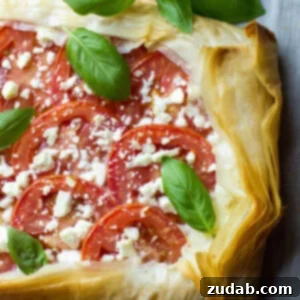 Rustic Mozzarella Tomato Tart 2 This Mozzarella Tomato Tart has a butter-garlic phyllo crust with mozzarella, tomatoes, feta, and basil. Makes a great appetizer or light meal for summer!