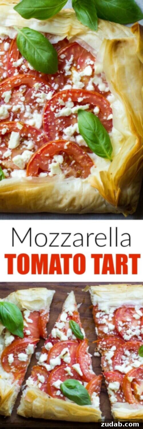 Rustic Mozzarella Tomato Tart 3 This Mozzarella Tomato Tart has a butter-garlic phyllo crust with mozzarella, tomatoes, feta, and basil. Makes a great appetizer or light meal for summer!