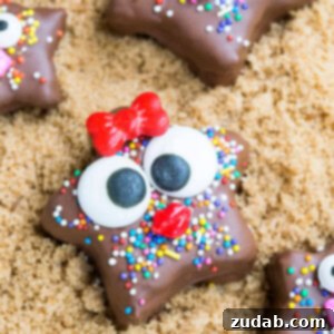 Final chocolate starfish snack with sprinkles and candy eyes.