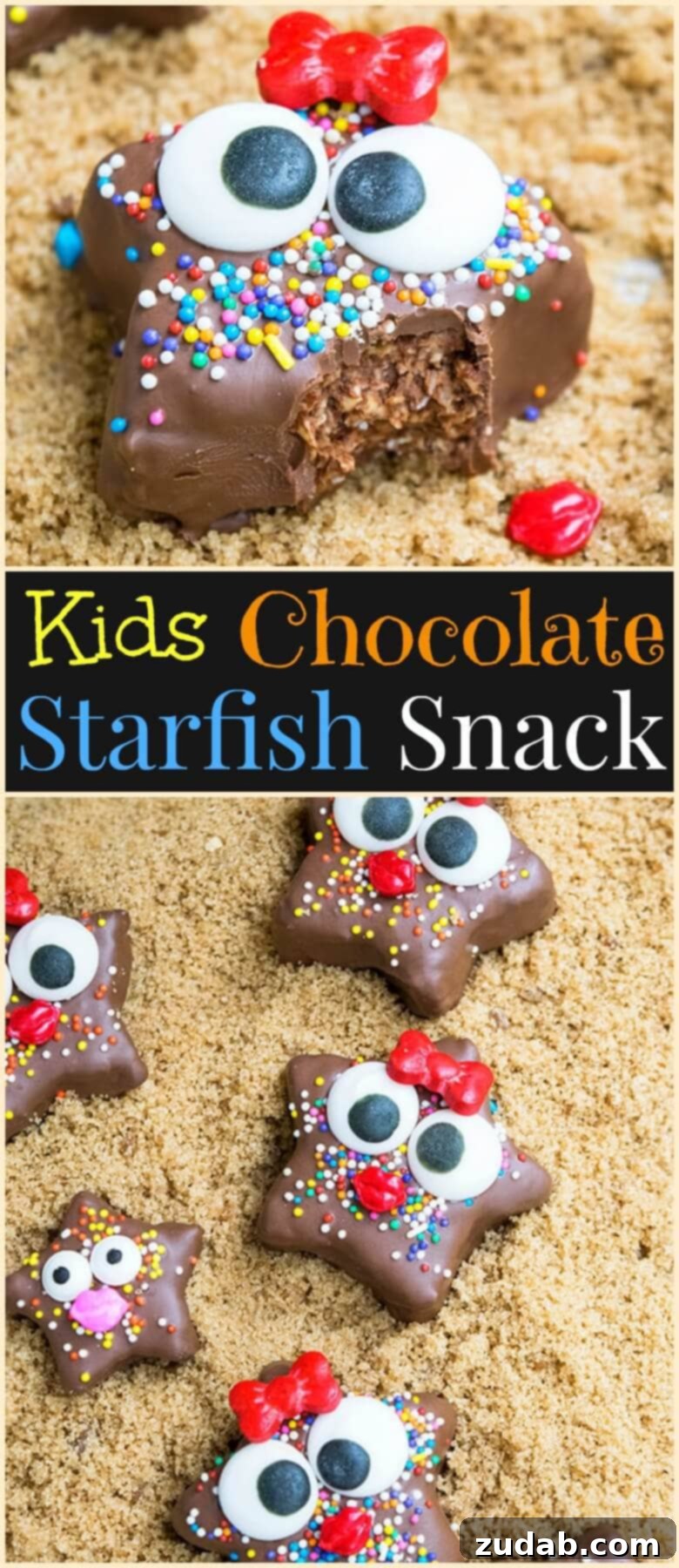 Variety of Kids Chocolate Starfish Snacks Top-down view of kids chocolate starfish snacks with various decorations on a white plate. Healthy no-bake treats.