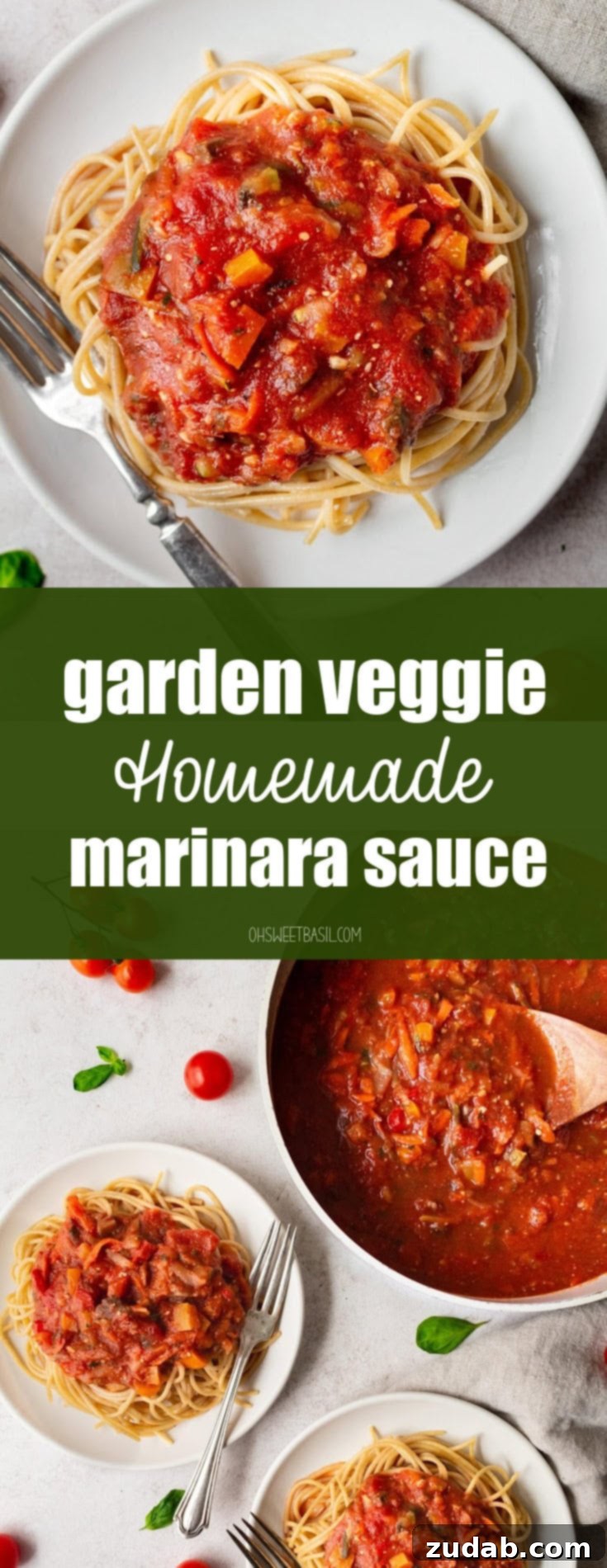 Garden-Fresh Homemade Marinara Sauce 12 A beautiful overhead shot of cooked angel hair pasta topped generously with healthy garden veggie homemade marinara sauce, garnished with fresh basil leaves.