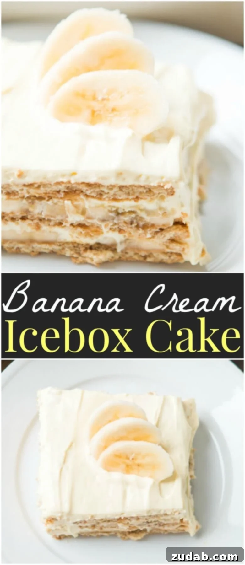 Banana Cream Icebox Cake Ready for Chilling A stunning top-down view of the prepared banana cream icebox cake, ready for chilling and serving. Layers of goodness visible.