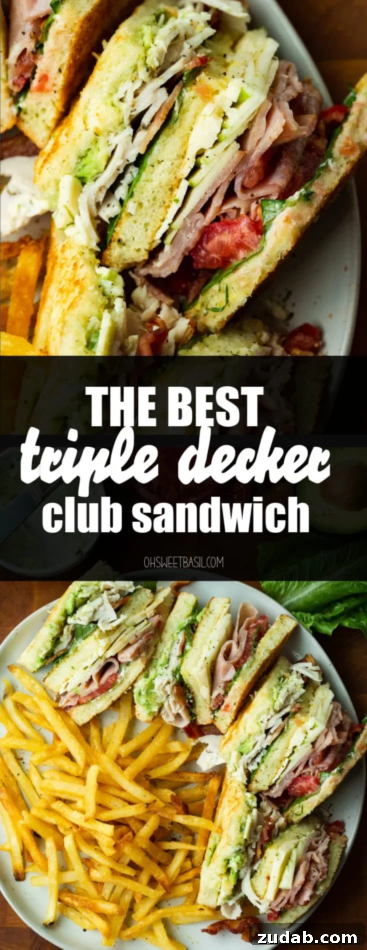 The Ultimate Triple Decker Club Sandwich 11 a photo of a section of a triple decker club sandwich laying on its side showing all the layers including turkey, bacon, tomatoes, lettuce, avocado and cheese.