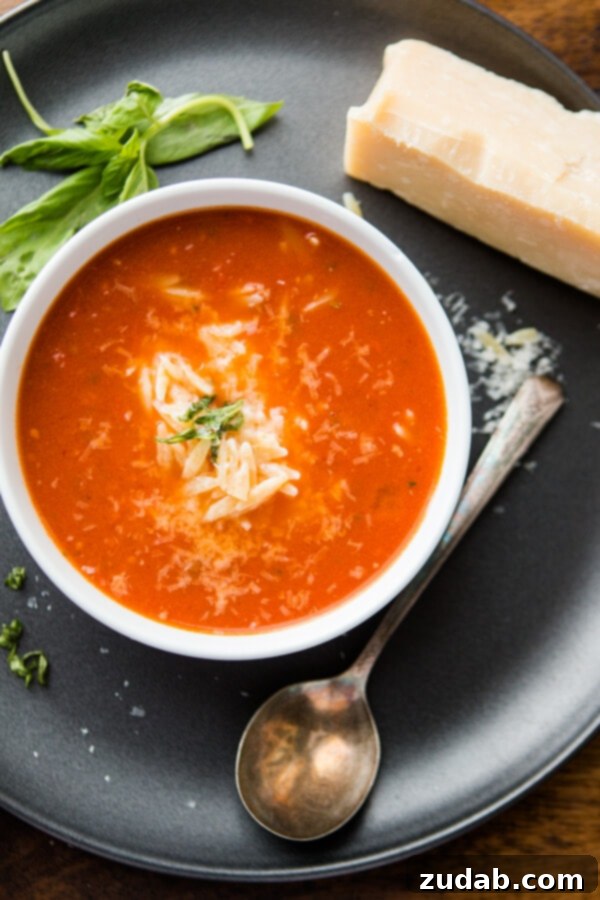A collection of Zupas Copycat Tomato Basil Orzo Soup bowls, some garnished with cheese, inviting a cozy mealtime experience.