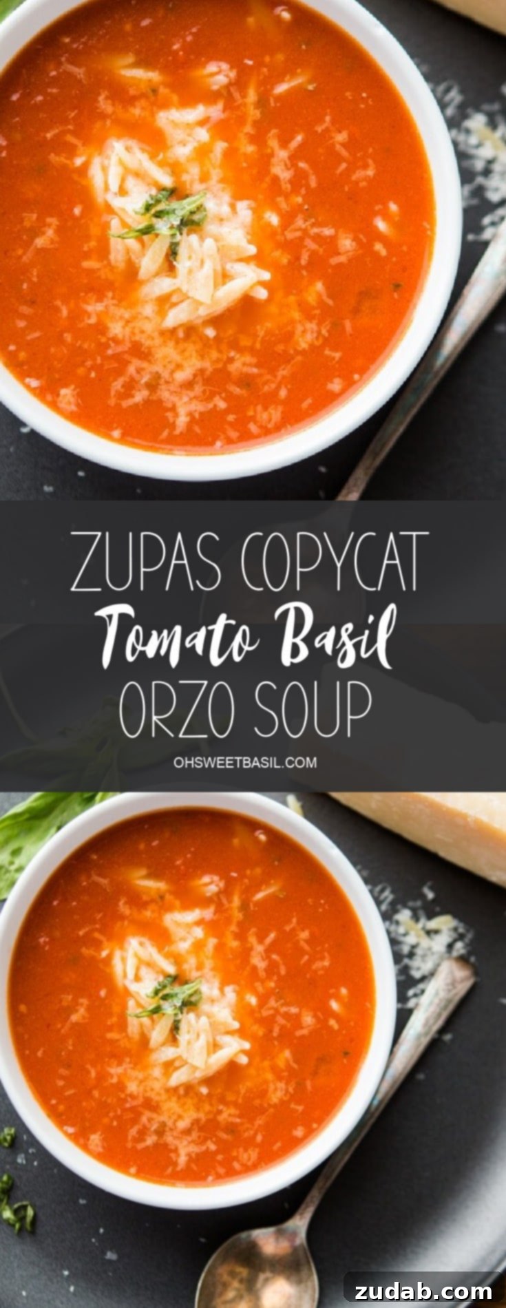 A beautiful bowl of Zupas Copycat Tomato Basil Orzo Soup with a rich red color and basil garnish, served on a white tablecloth.