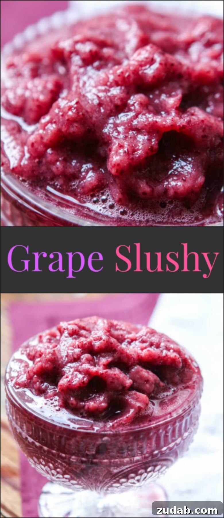 Wholesome Grape Slushy A tall glass of homemade grape slushy, showcasing its frosty texture and vibrant color against a light background, emphasizing its appeal as a wholesome, icy beverage.