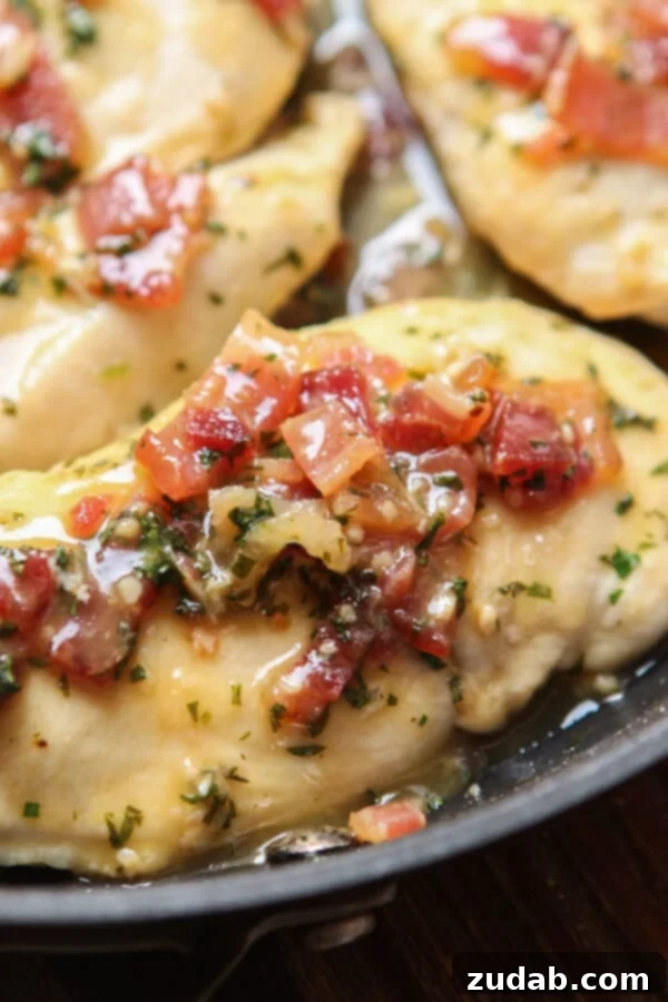 Another enticing photo of the Honey Mustard Bacon Chicken Skillet, designed to showcase its ease, flavor, and healthier profile. ohsweetbasil.com paleo, Whole 30, dairy-free