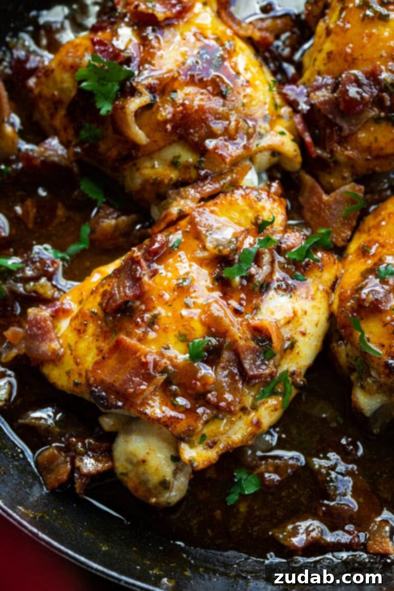 A close-up photo of a golden pan-seared chicken thigh, beautifully topped with crumbled bacon and vibrant chopped cilantro, glistening with sauce.