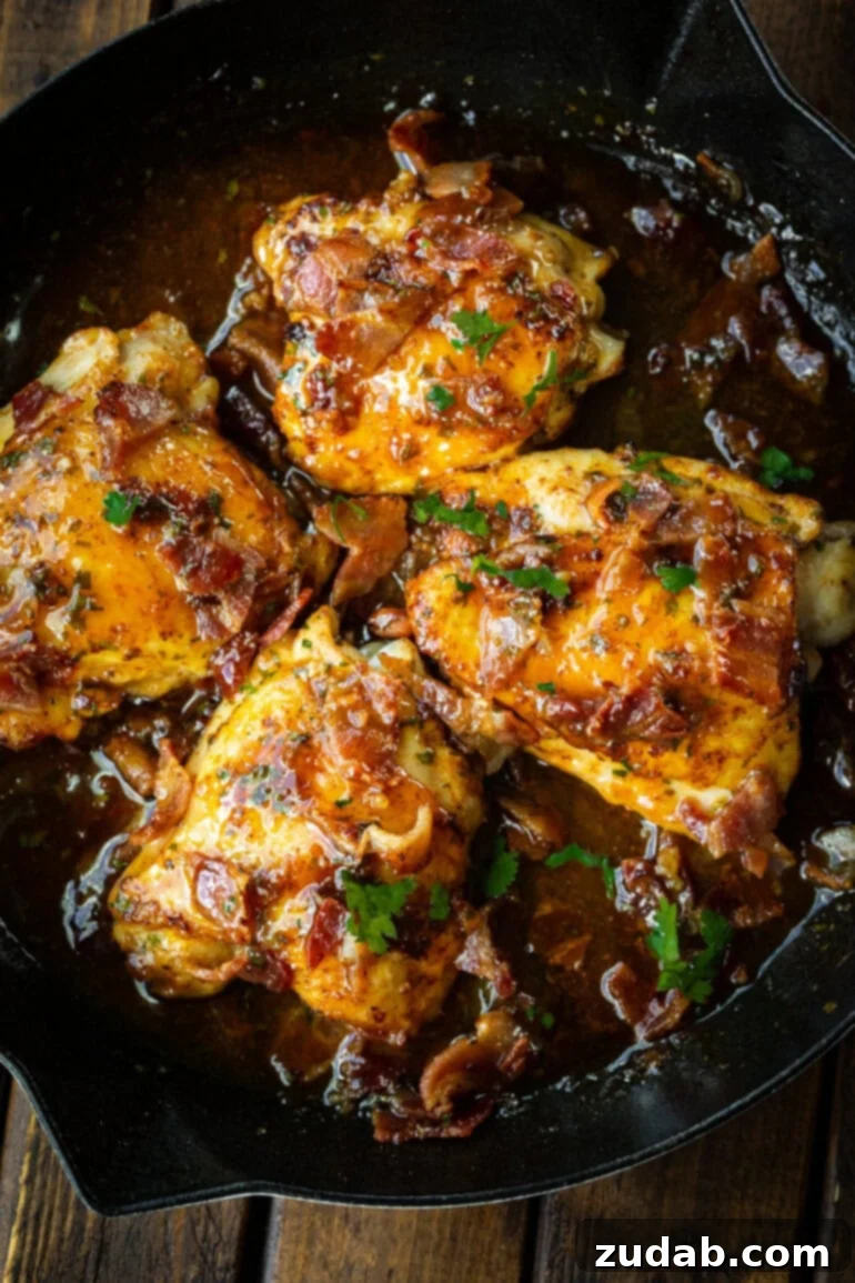 A photo of four golden pan-seared chicken thighs, resting in a rich, glossy honey mustard sauce, generously topped with crumbled bacon and fresh chopped cilantro.