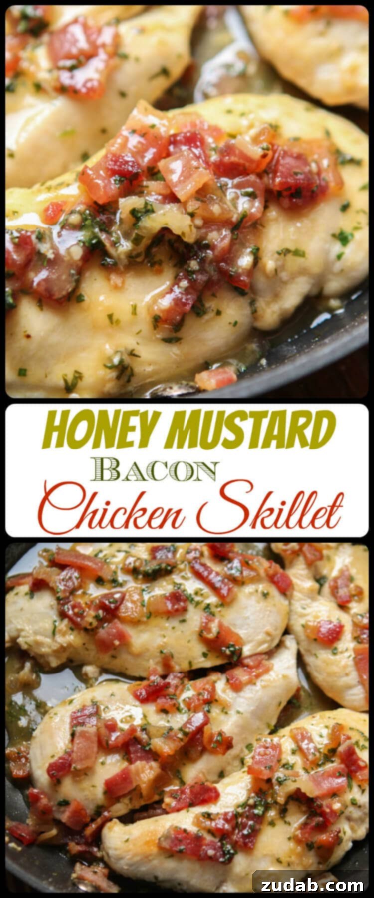 A vibrant hero shot of the Honey Mustard Bacon Chicken Skillet, highlighting its appeal as a healthier, one-pan, dairy-free, and Whole30 compatible meal. ohsweetbasil.com
