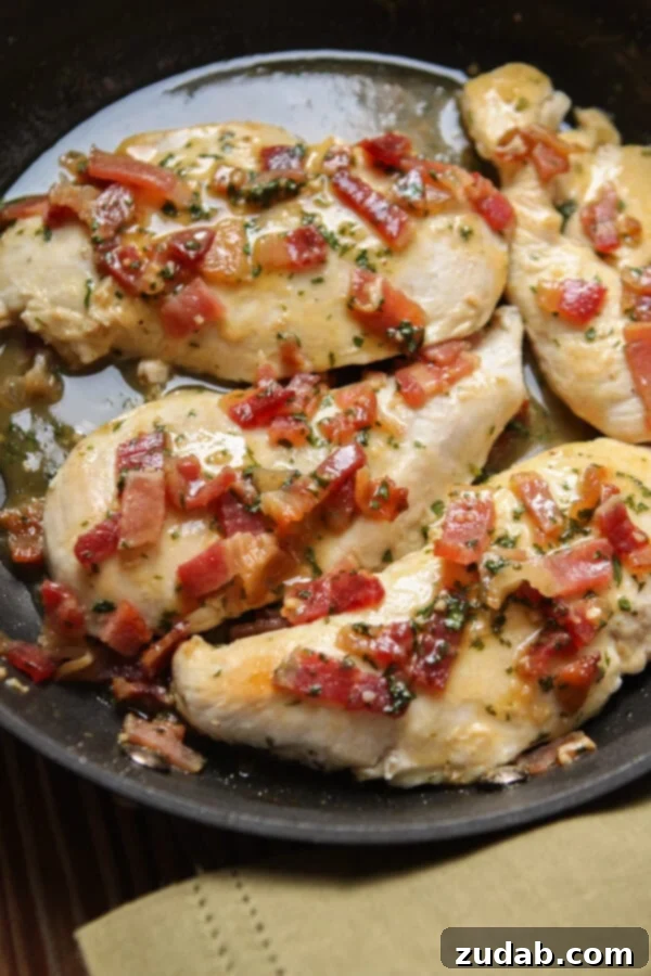 A mouth-watering image of the Honey Mustard Bacon Chicken Skillet, emphasizing its health benefits and ease of preparation for busy weeknights. ohsweetbasil.com paleo, Whole 30, dairy-free