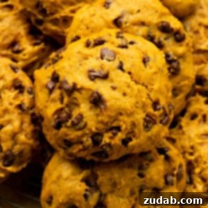 The Ultimate Pumpkin Chocolate Chip Cookies 11 A photo of baked pumpkin chocolate chip cookies piled on top of each other