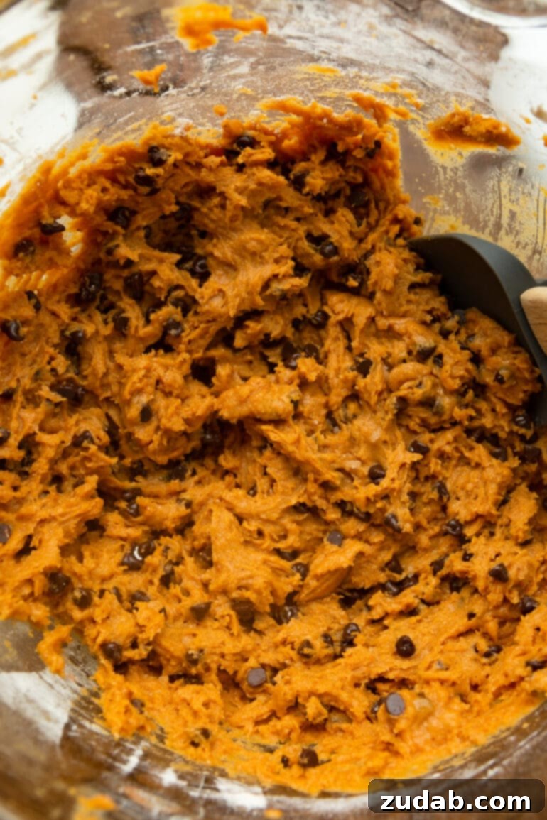 The Ultimate Pumpkin Chocolate Chip Cookies 6 A photo of pumpkin chocolate chip cookie dough in a glass bowl with a scoop resting in it, ready for baking.