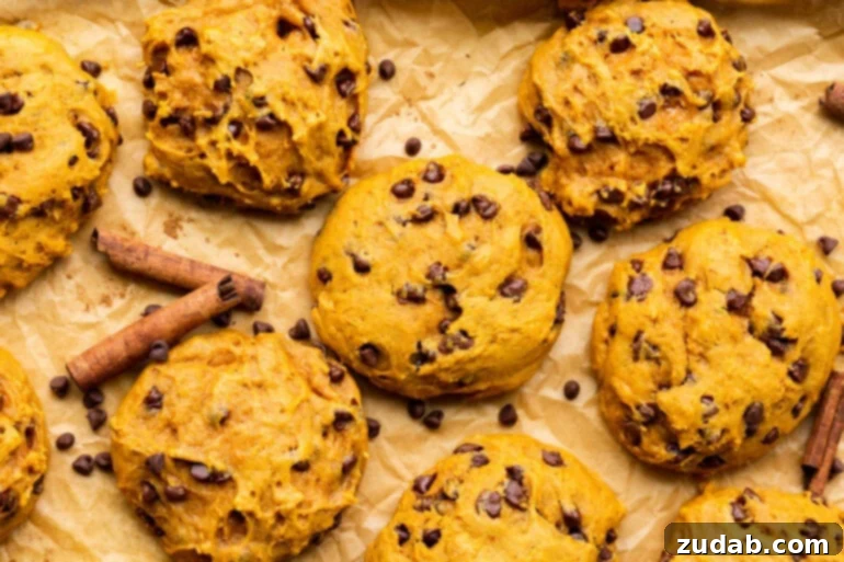 The Ultimate Pumpkin Chocolate Chip Cookies 7 A photo of several large, thick pumpkin chocolate chip cookies resting on a piece of brown parchment paper, surrounded by cinnamon sticks and scattered chocolate chips, evoking a cozy fall scene.