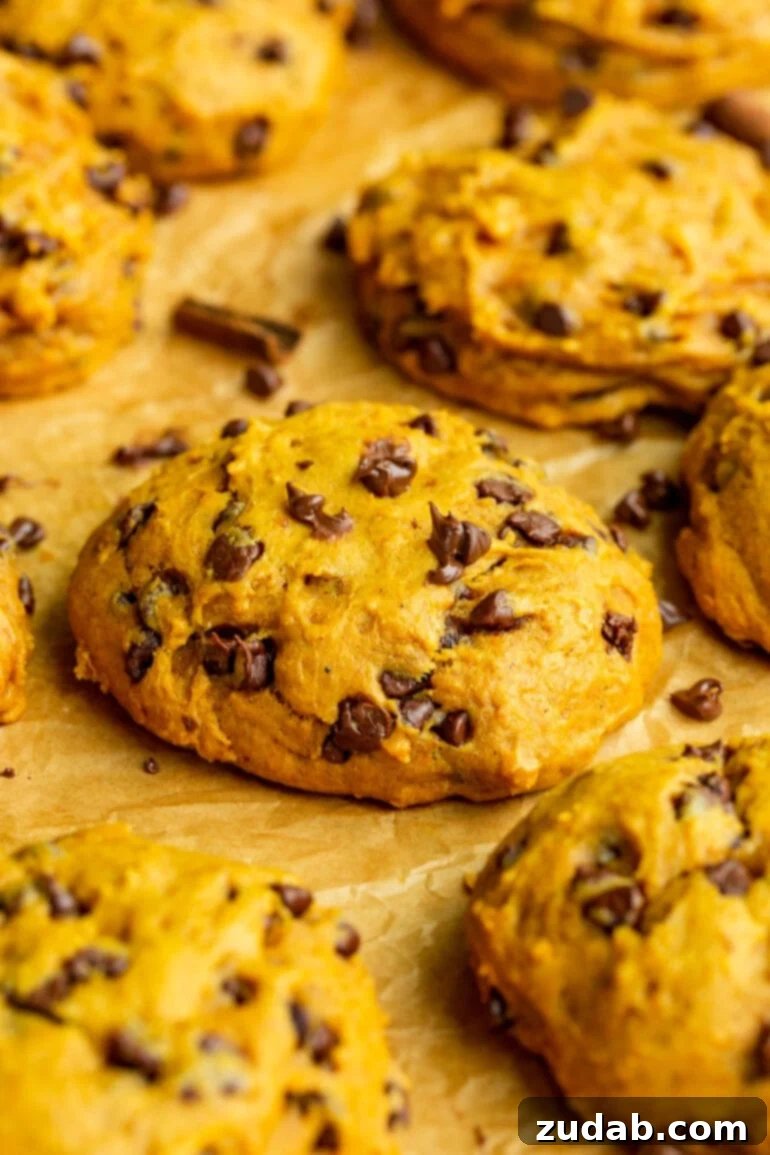 The Ultimate Pumpkin Chocolate Chip Cookies 10 A photo of several baked, thick, and chewy pumpkin chocolate chip cookies resting on a piece of brown parchment paper.