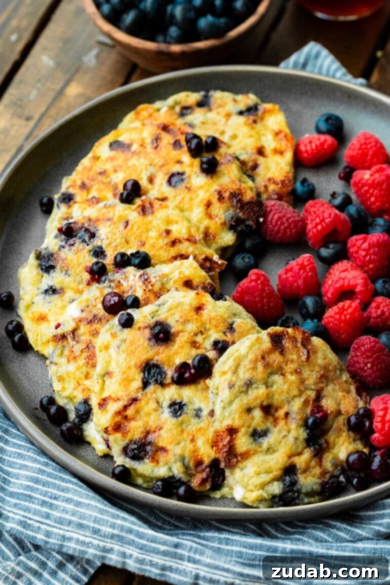 Protein-Packed Wild Blueberry Cottage Cheese Pancakes 3 A photo of golden blueberry cottage cheese pancakes on a plate, generously topped with syrup and garnished with fresh raspberries and blueberries scattered along the side, highlighting their irresistible appeal.