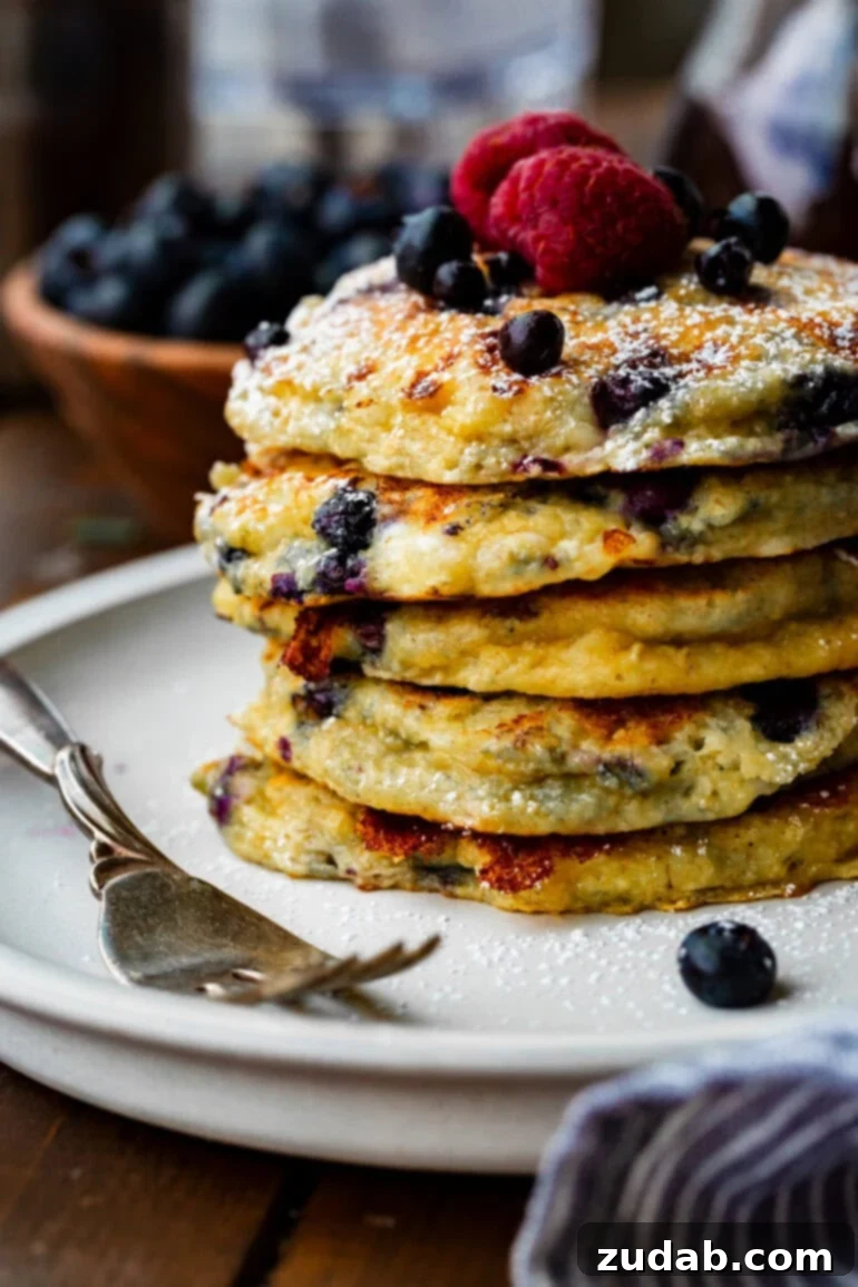 Protein-Packed Wild Blueberry Cottage Cheese Pancakes 6 A delightful photo of a stack of golden blueberry pancakes sitting on a white plate, artfully topped with fresh raspberries and blueberries, inviting you to take a bite.