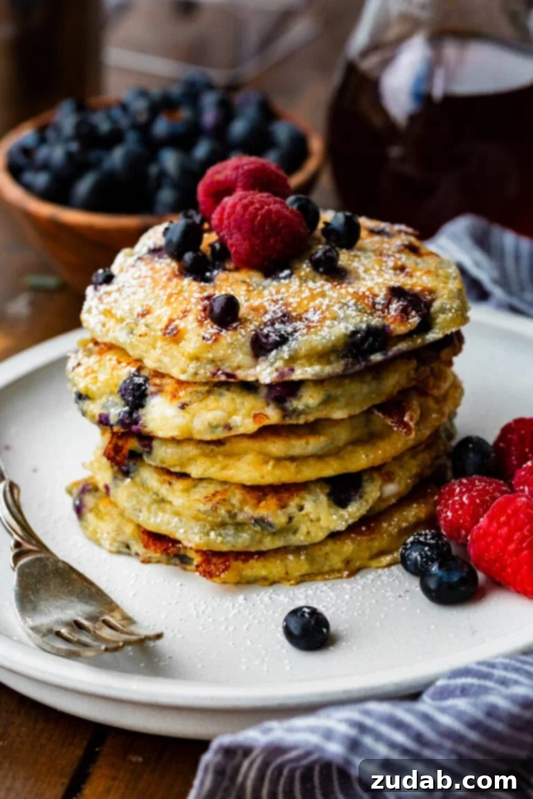 Protein-Packed Wild Blueberry Cottage Cheese Pancakes 8 A photo of a stack of blueberry pancakes, lightly dusted with powdered sugar and topped with fresh blueberries and raspberries, elegantly arranged on a white plate with a fork nearby.