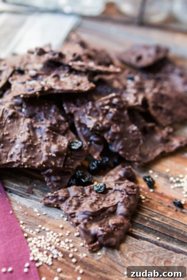 Indulge in our exquisite Dark Chocolate Blueberry Quinoa Bark, a perfect blend of rich chocolate, tart blueberries, and crunchy quinoa for a satisfying healthy snack. ohsweetbasil.com Our new obsession this year is our chocolate blueberry quinoa bark, a wholesome and delicious dark chocolate snack you can make at home. ohsweetbasil.com