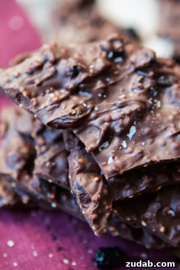 Indulge in our exquisite Dark Chocolate Blueberry Quinoa Bark, a perfect blend of rich chocolate, tart blueberries, and crunchy quinoa for a satisfying healthy snack. ohsweetbasil.com Craft your own healthy, delicious dark chocolate snacks with our easy chocolate blueberry quinoa bark recipe. It's a quick, satisfying treat! ohsweetbasil.com
