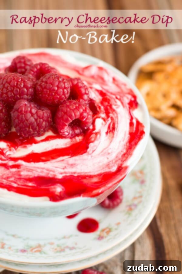 Caramel Apple Delight 6 No-Bake Cheesecake Dip with Raspberries - a light, fluffy, and refreshing fruit dip. Perfect for berries and other fresh fruits. ohsweetbasil.com