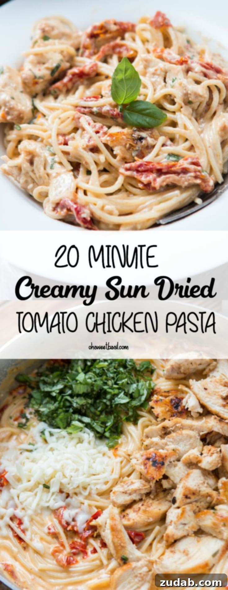 Velvety Sun-Dried Tomato Chicken Pasta in Minutes 11 A large serving bowl filled with creamy sun-dried tomato chicken pasta, garnished with fresh basil.