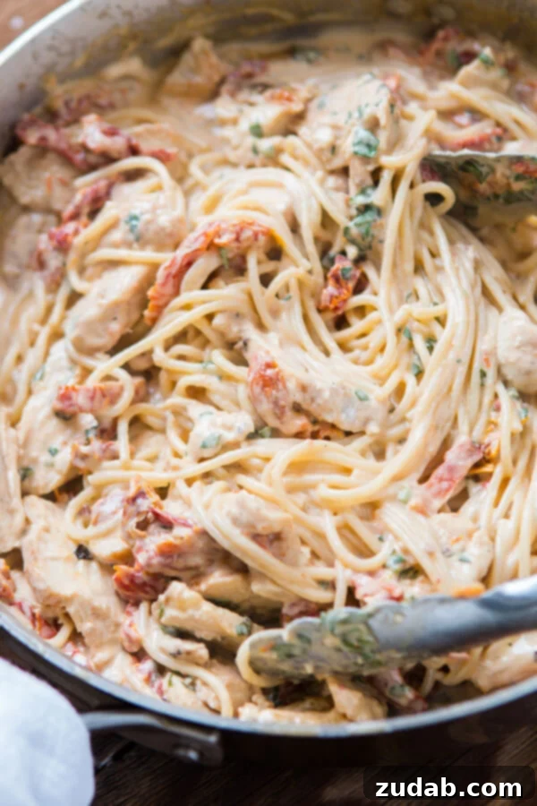 Velvety Sun-Dried Tomato Chicken Pasta in Minutes 4 Overhead shot of creamy sun-dried tomato chicken pasta being served