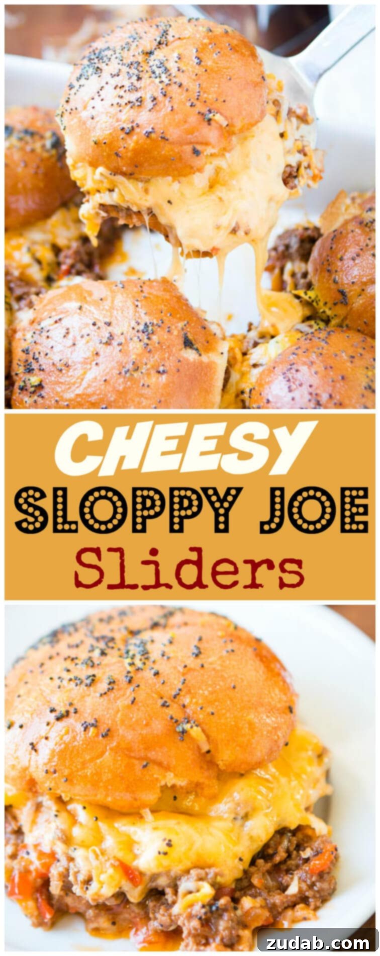 Easy Cheesy Sloppy Joe Sliders 4 Large pan of Cheesy Sloppy Joe Sliders, showing many individual servings.