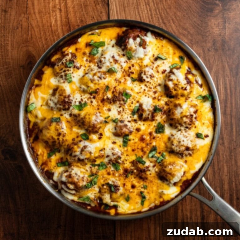 A vibrant close-up photo of a large skillet filled with tender meatballs, zucchini noodles (zoodles) shimmering in rich marinara sauce, all generously topped with bubbling, melted cheese and fresh green basil.