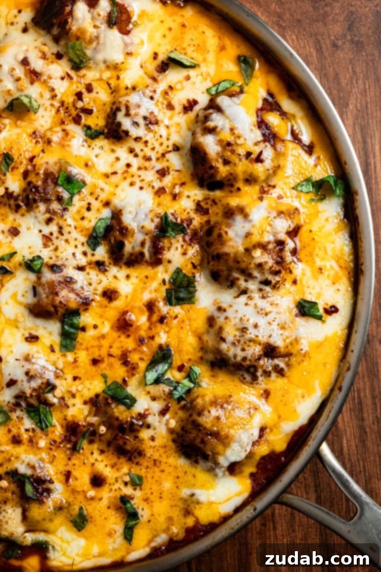 An inviting overhead shot of a skillet brimming with succulent meatballs nestled among vibrant zoodles, all coated in a rich marinara sauce and crowned with a luscious layer of melted cheese and fresh basil sprigs.
