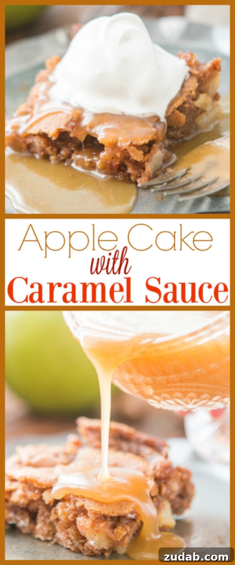 Decadent Apple Cake with Caramel Drizzle 6 Full shot of a freshly baked Apple Cake, waiting to be sliced and served with caramel sauce.