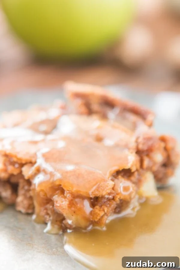 Classic Apple Cake with Caramel Sauce Slice of warm Apple Cake drizzled generously with homemade Caramel Sauce, embodying classic comfort from ohsweetbasil.com